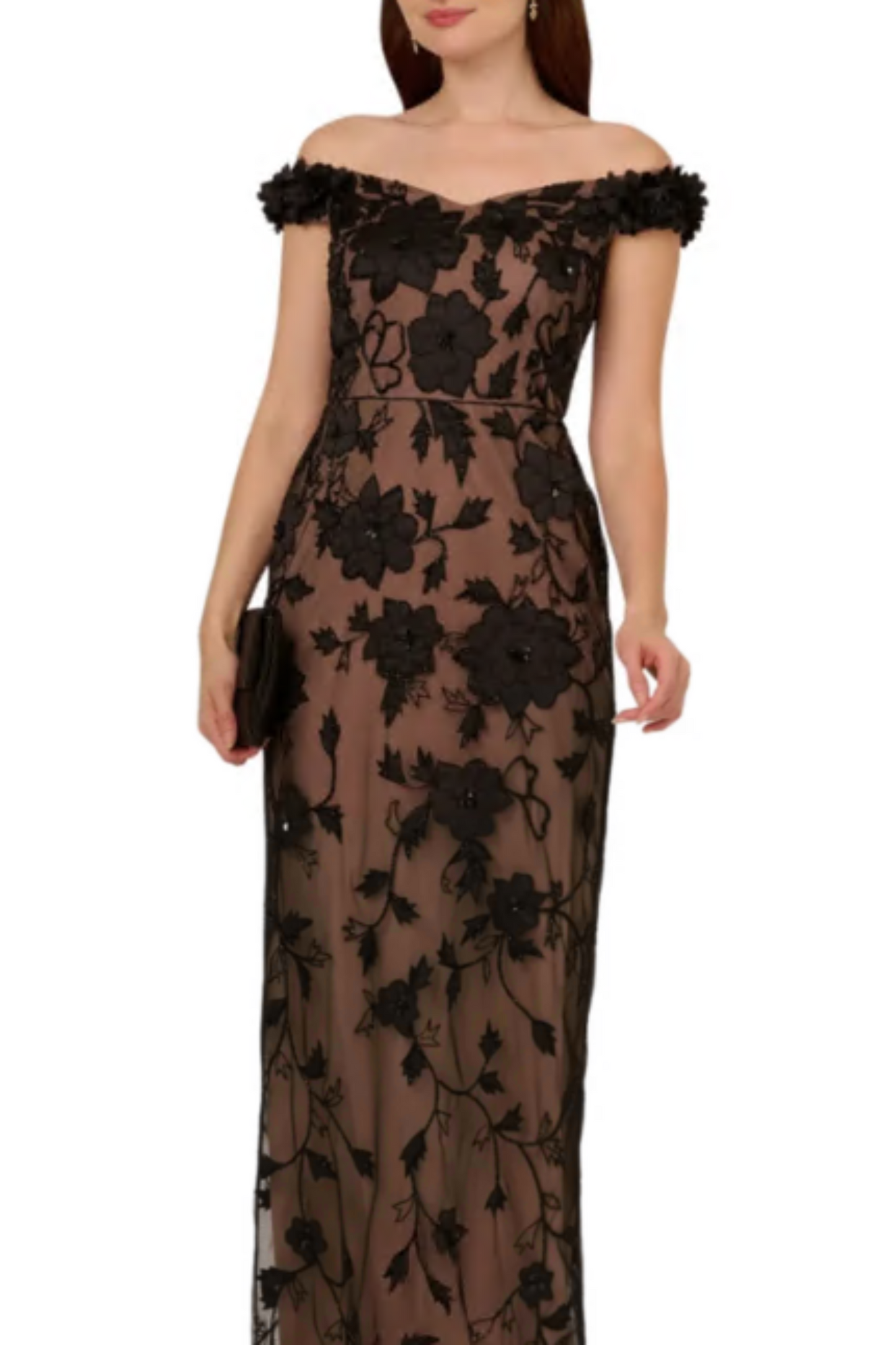 Adriana Papell Off-the-Shoulder Sheer Knit Mesh Beaded Sequin Floral Column Gown