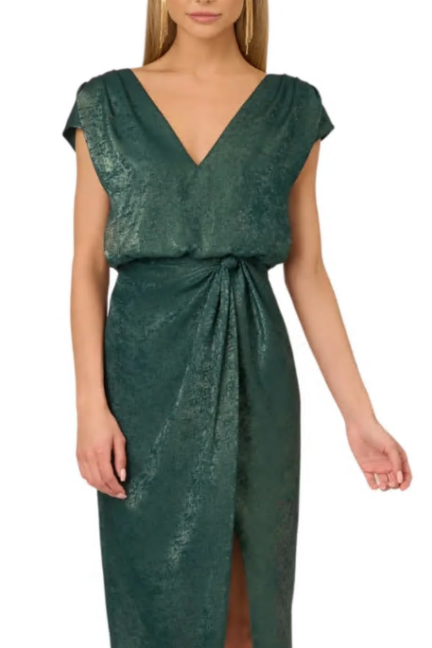 Adrianna Papell V-Neck V-Back Pleated Short Sleeve Knotted Detail Luxe Woven Metallic Faux Wrap Dress