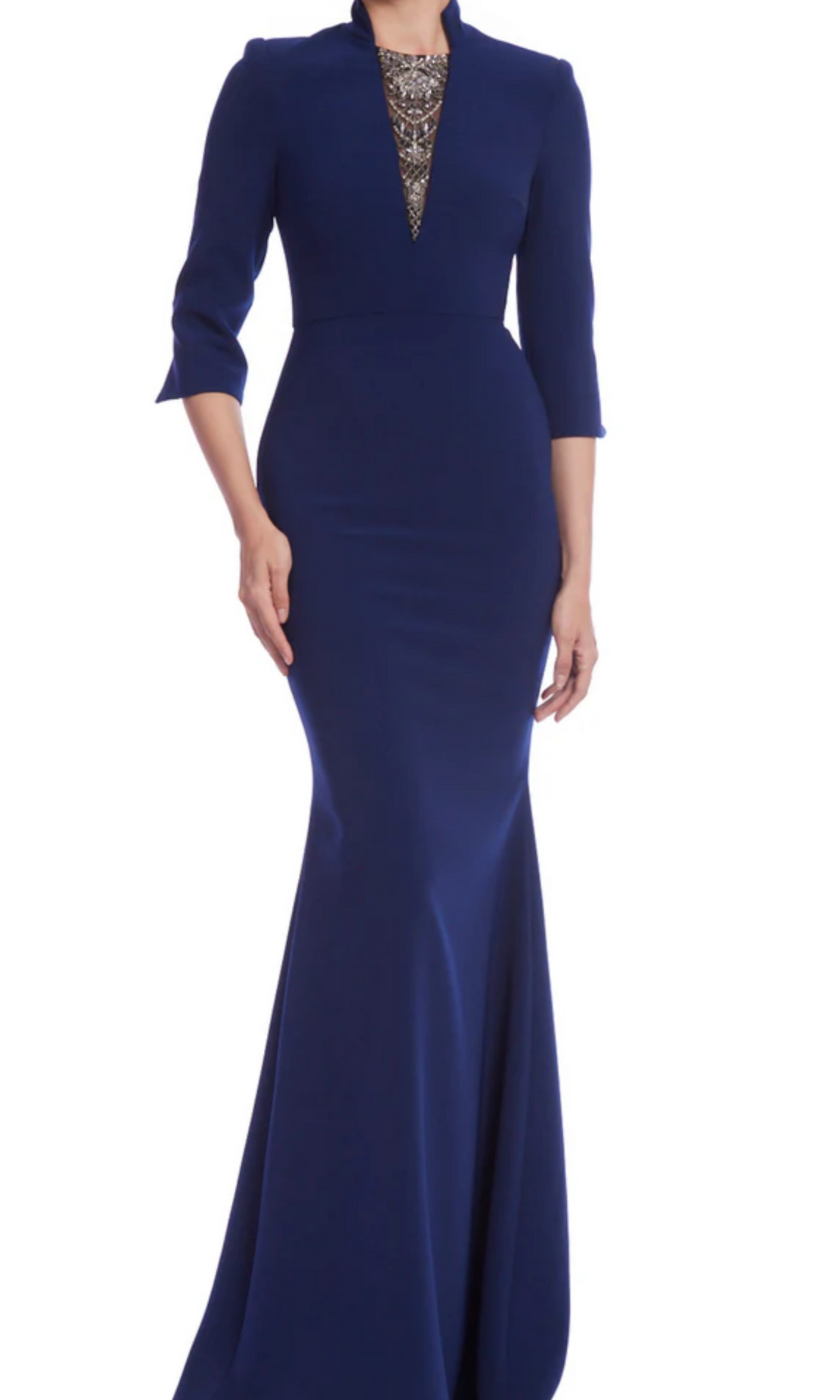 Badgley Mischka Beaded V Insert Neck Crepe Gown