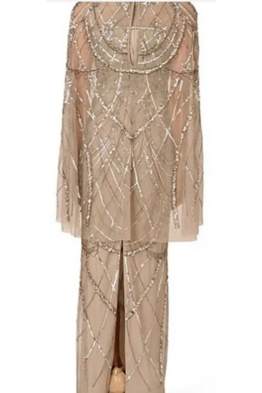 Adriana Papell Sweetheart Boat Neck Cape Sleeve Beaded Mesh Sheath Gown