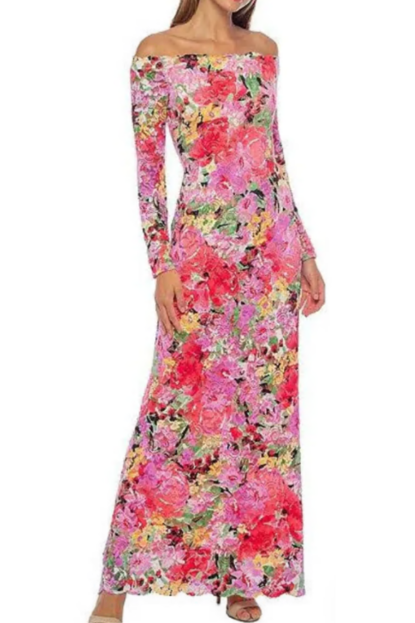 Marina Long Sleeve Off the Shoulder Scalloped Floral Maxi Dress