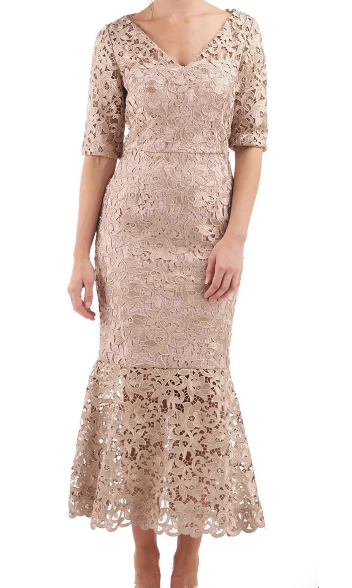Beautiful Lace V Neck Short Sleeve Zipper Back Flounce Scalloped Hem Lace Dress