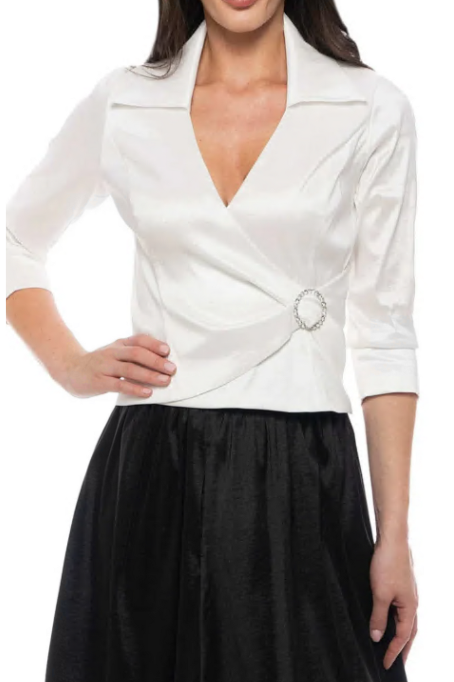 Marina Collared V- Neckline 3/4 Sleeve Taffeta Rhinestone Embellishment Wrap Blouse