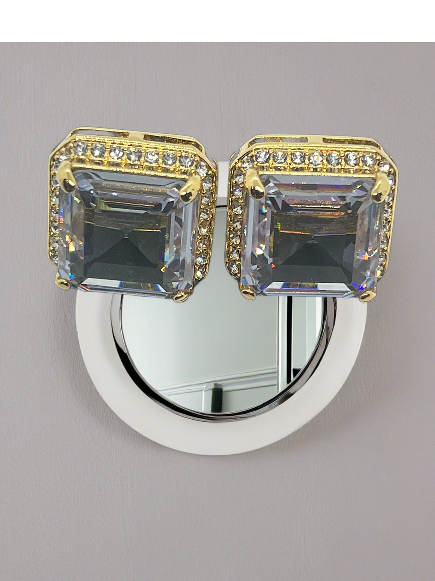 Large Gold Cuff Links Grey Crystal Accent