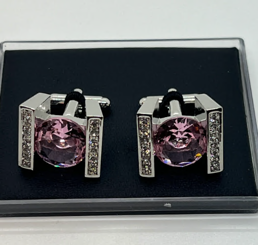 Silver and Pink Crystal Cuff Links